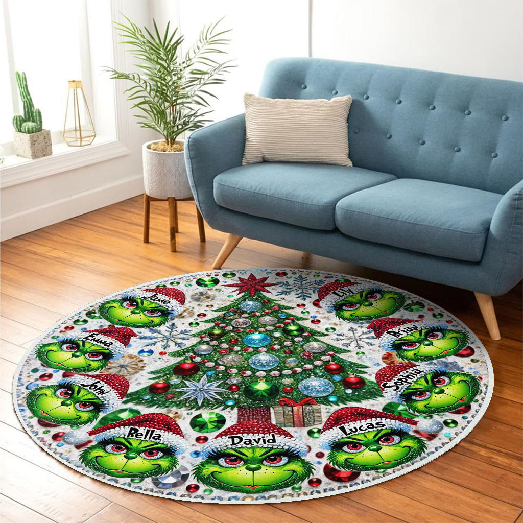 Personalized Merry Grinchmas Round Rug Custom Family Names Holiday Decor Round Rug GradoCreations