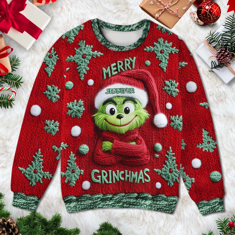 Personalized Merry Grinchmas Ugly Sweater with Custom Name for Christmas Ugly Sweater GradoCreations