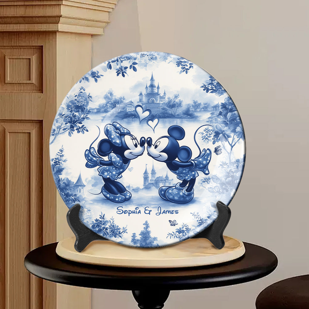 Personalized Blue & White Ceramic Round Plate for Couples Ceramic Round Plate GradoCreations