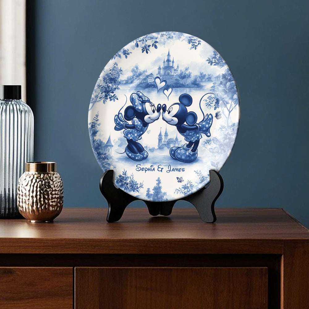 Personalized Blue & White Ceramic Round Plate for Couples Ceramic Round Plate GradoCreations