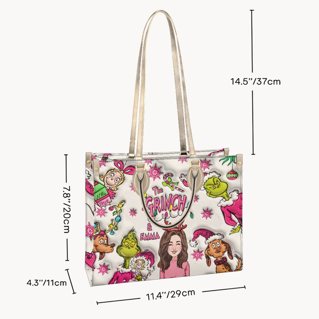 Personalized Grinch Leather Handbag Custom Name Christmas Gift Leather Handbag GradoCreations