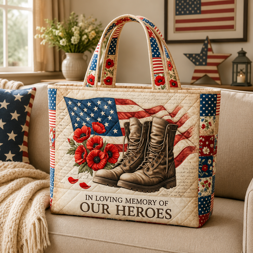 American Flag Memorial Quilted Tote Bag for Veterans Gift Quilted Tote Bag GradoCreations