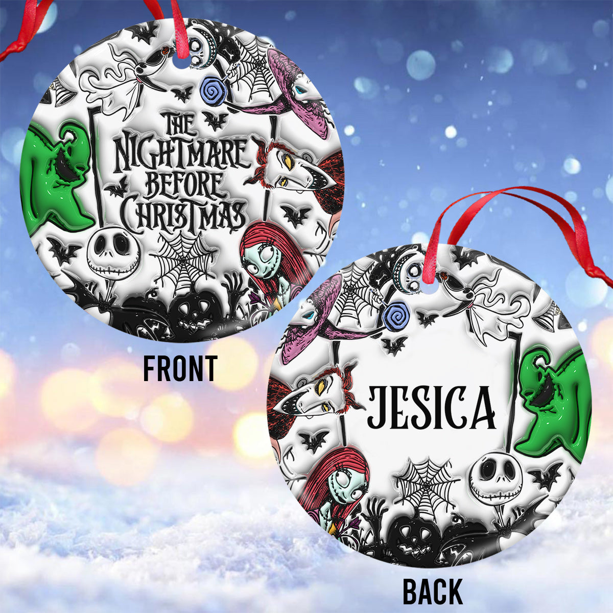 Personalized Nightmare Before Christmas Ceramic Ornament for Holiday Decor Ceramic Circle Ornament GradoCreations