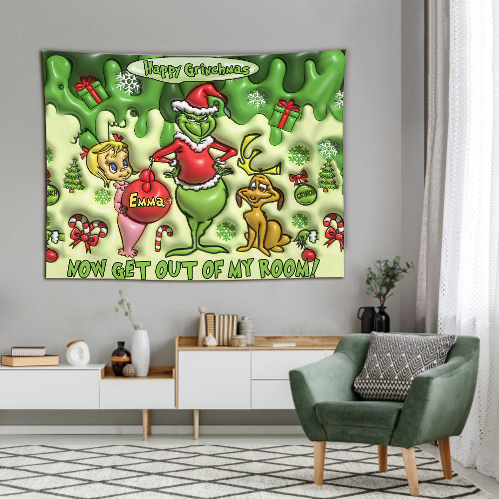 Personalized Grinchmas Wall Tapestry Custom Name Christmas Decor Wall Tapestry GradoCreations
