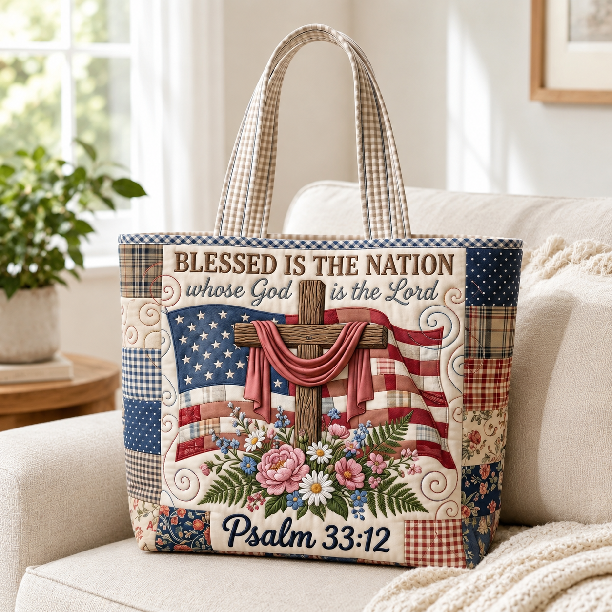 Patriotic Quilted Tote Bag with Psalm 33:12 Gift for Her