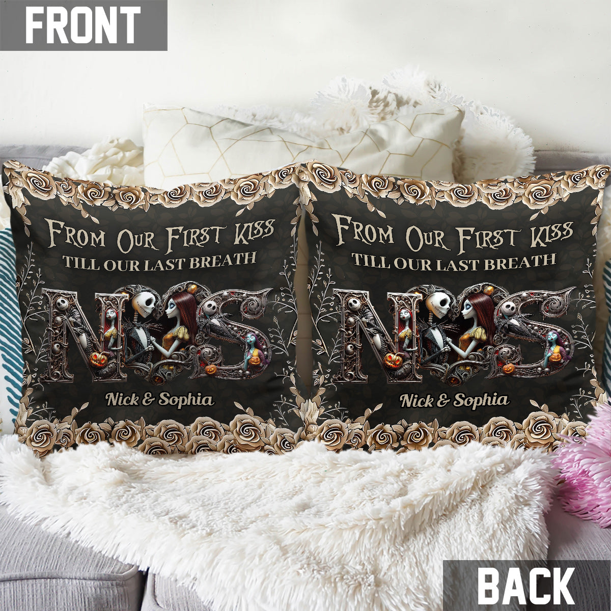 Personalized Nightmare Themed Throw Pillow Custom Names Gift for Couple Throw Pillow GradoCreations