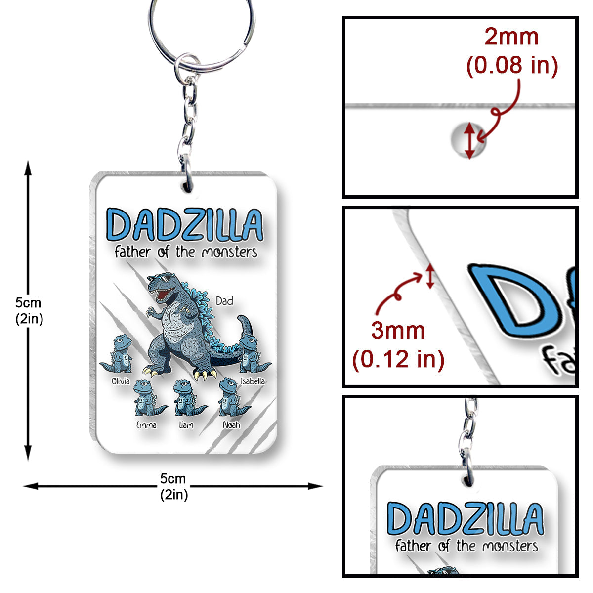 Personalized Dadzilla Keychain Custom Name Gift for Dad One-sided Keychain GradoCreations