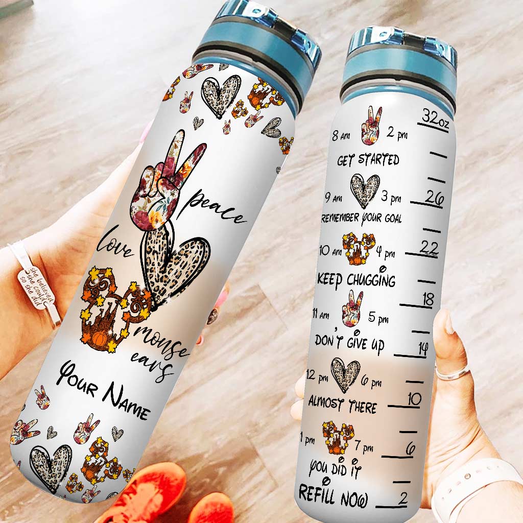 Personalized Peace Love Mouse Ears Water Tracker Bottle - 32oz Custom Name Gift Water Tracker Bottle GradoCreations
