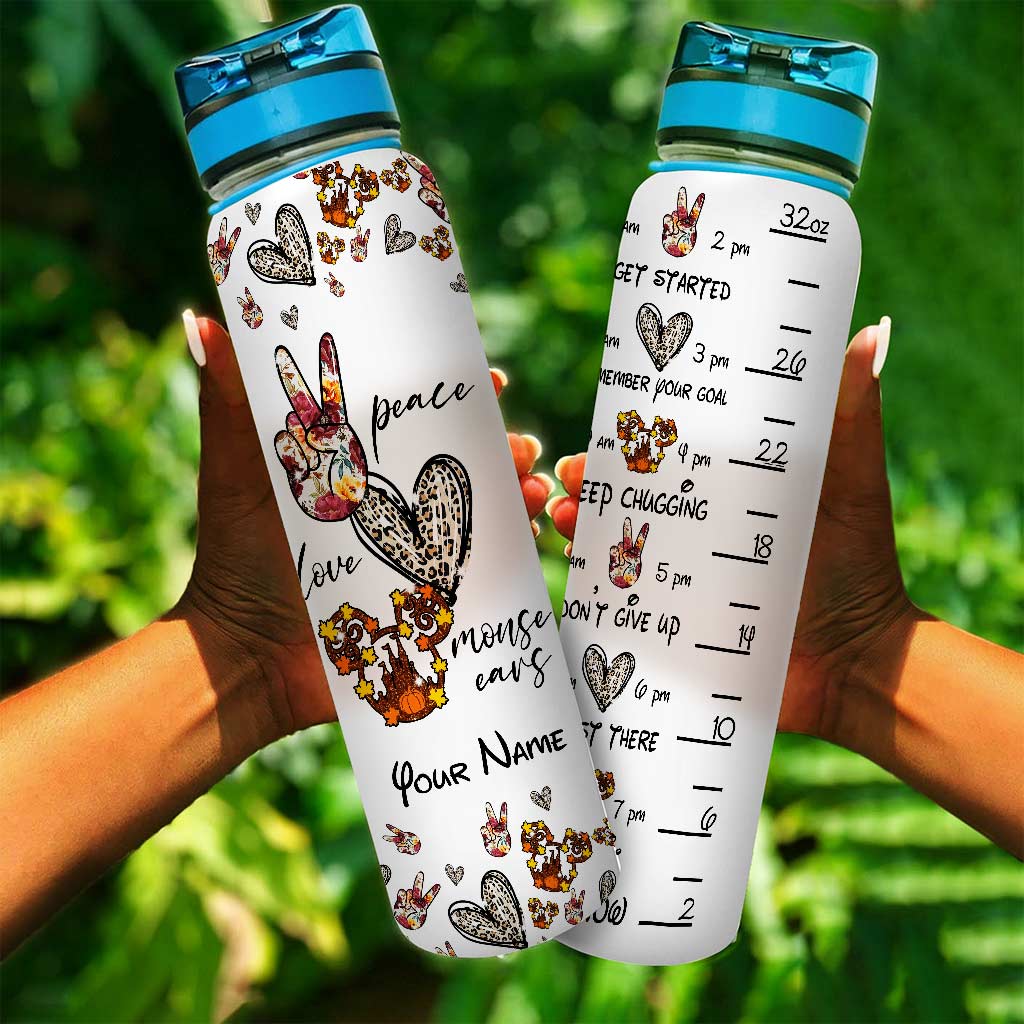 Personalized Peace Love Mouse Ears Water Tracker Bottle - 32oz Custom Name Gift Water Tracker Bottle GradoCreations