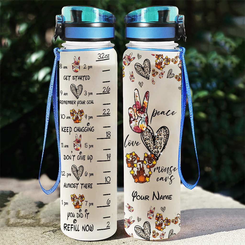 Personalized Peace Love Mouse Ears Water Tracker Bottle - 32oz Custom Name Gift Water Tracker Bottle GradoCreations