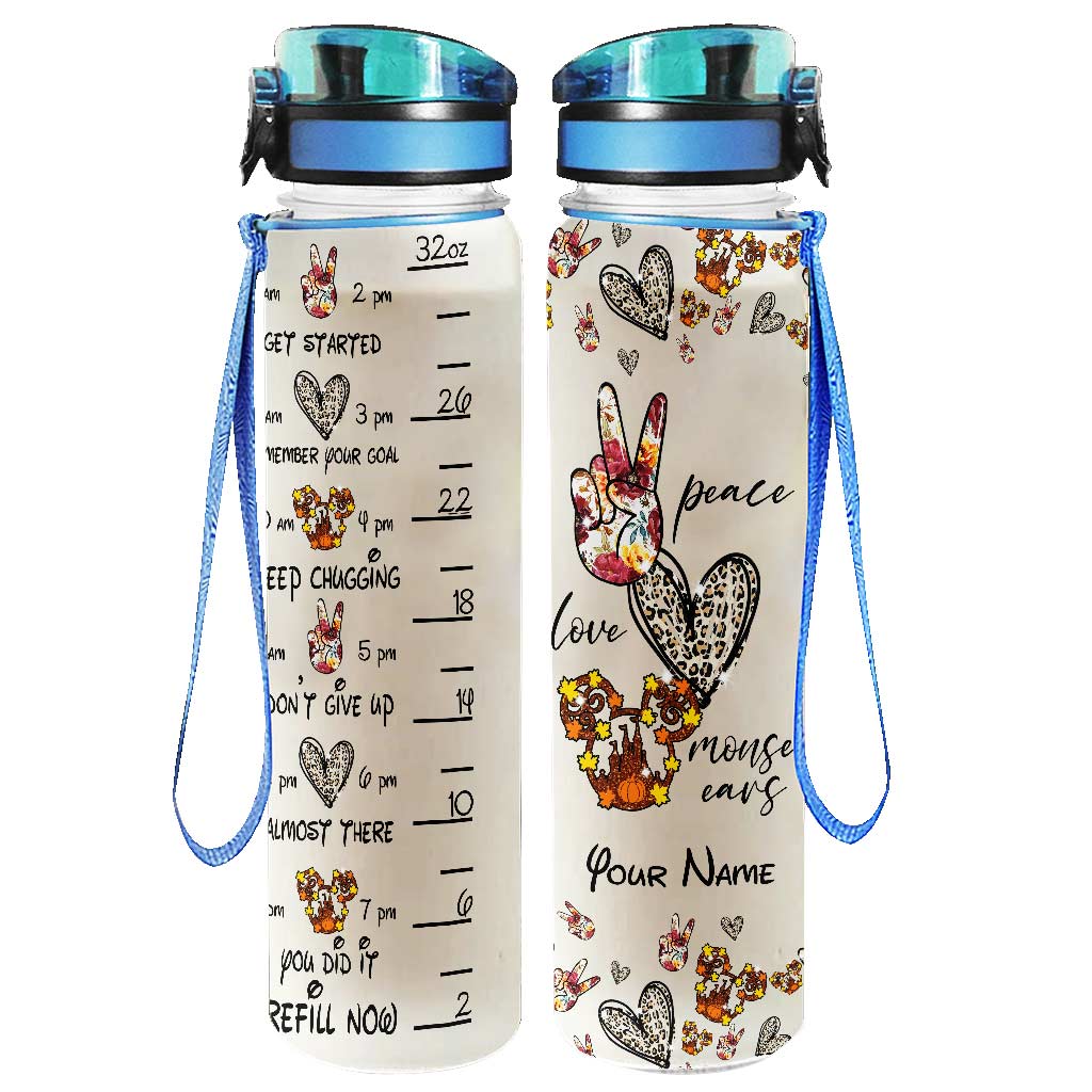 Personalized Peace Love Mouse Ears Water Tracker Bottle - 32oz Custom Name Gift Water Tracker Bottle GradoCreations