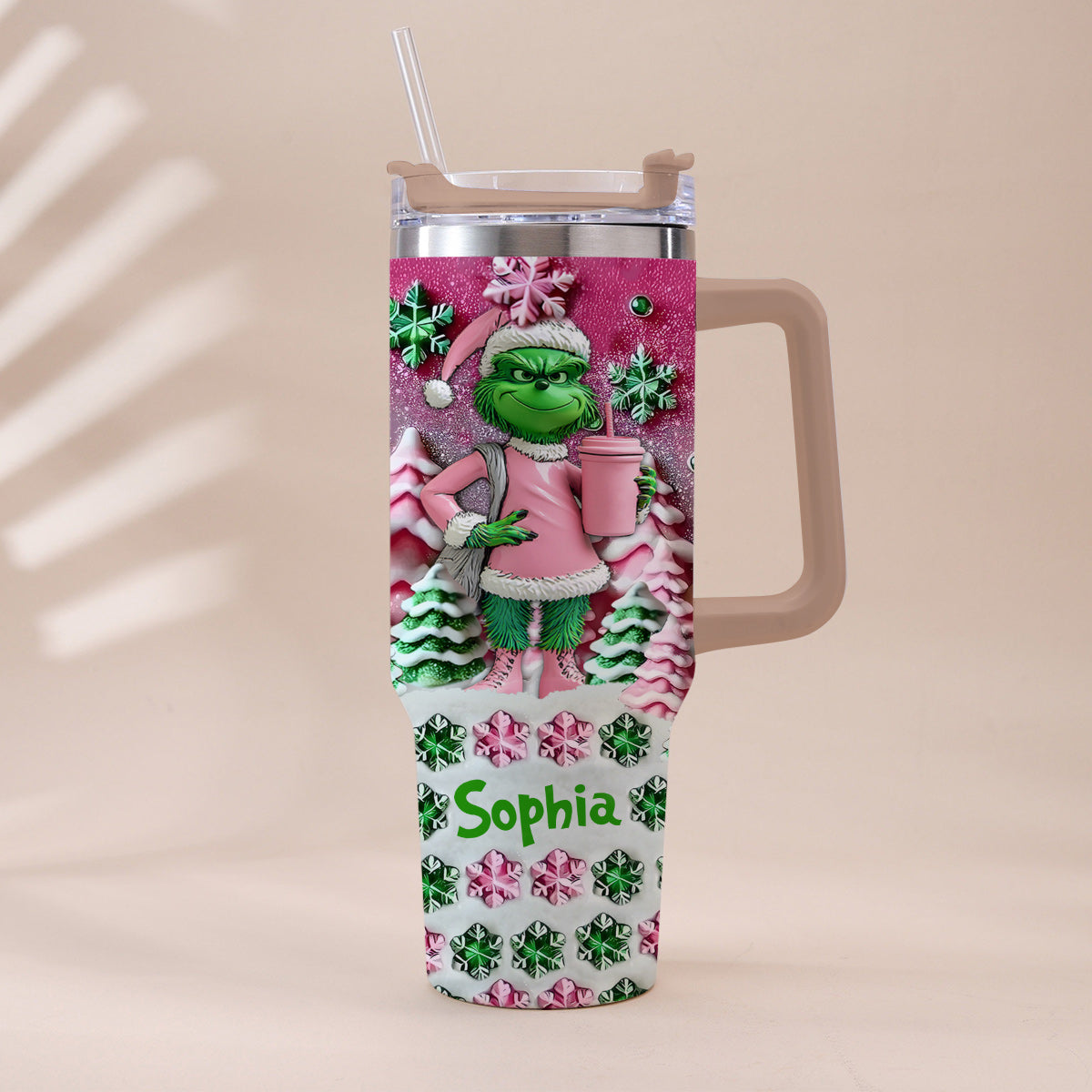 Personalized Grinch Christmas Tumbler with Handle Custom Name Gift Tumbler With Handle GradoCreations