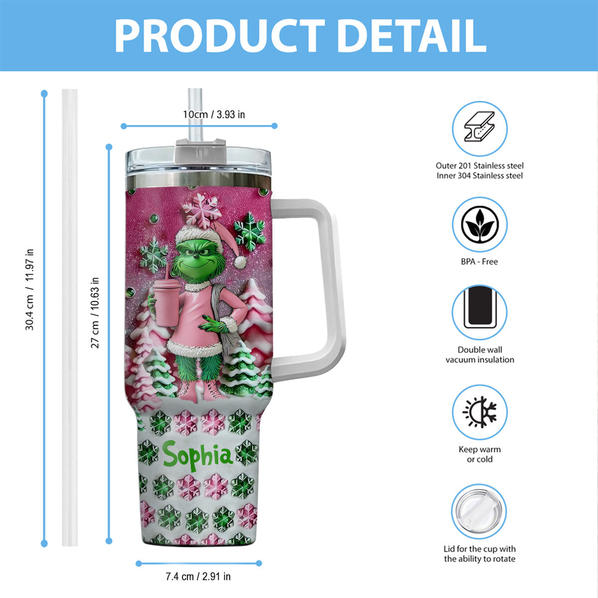 Personalized Grinch Christmas Tumbler with Handle Custom Name Gift Tumbler With Handle GradoCreations