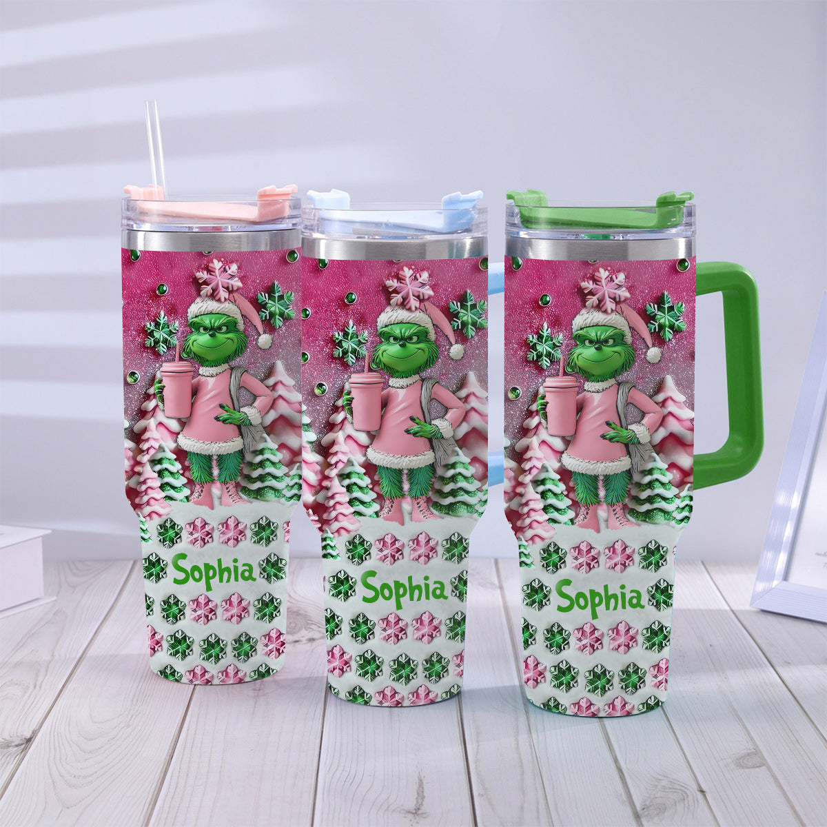 Personalized Grinch Christmas Tumbler with Handle Custom Name Gift Tumbler With Handle GradoCreations