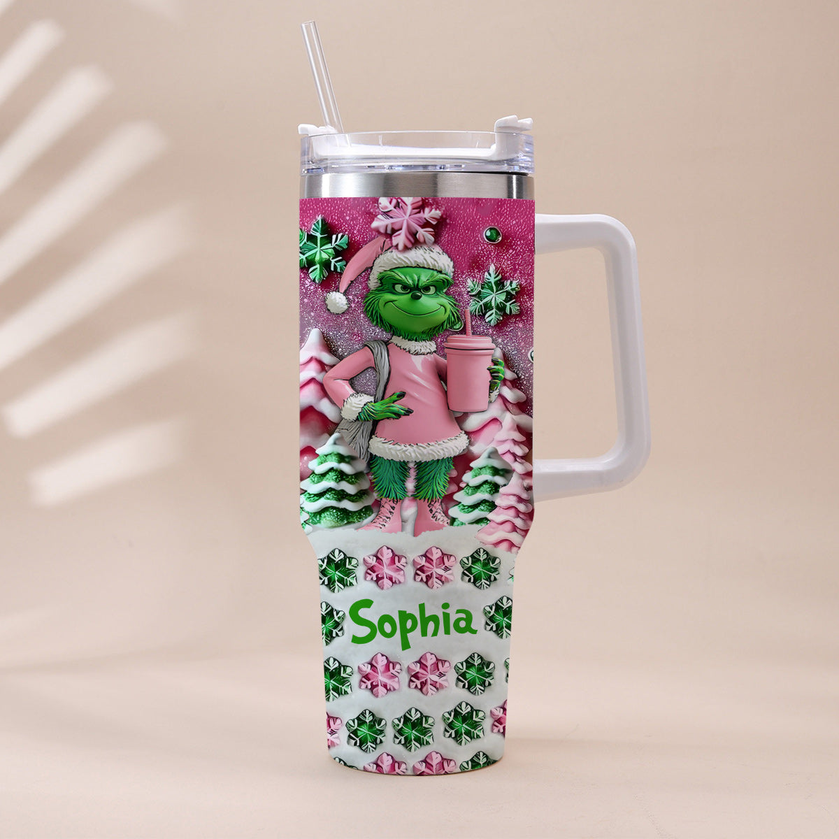 Personalized Grinch Christmas Tumbler with Handle Custom Name Gift Tumbler With Handle GradoCreations