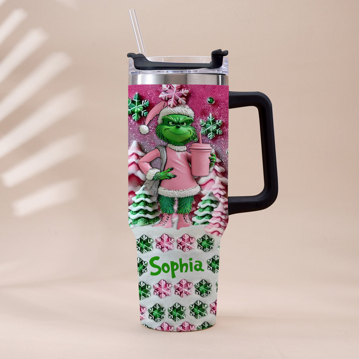Personalized Grinch Christmas Tumbler with Handle Custom Name Gift Tumbler With Handle GradoCreations