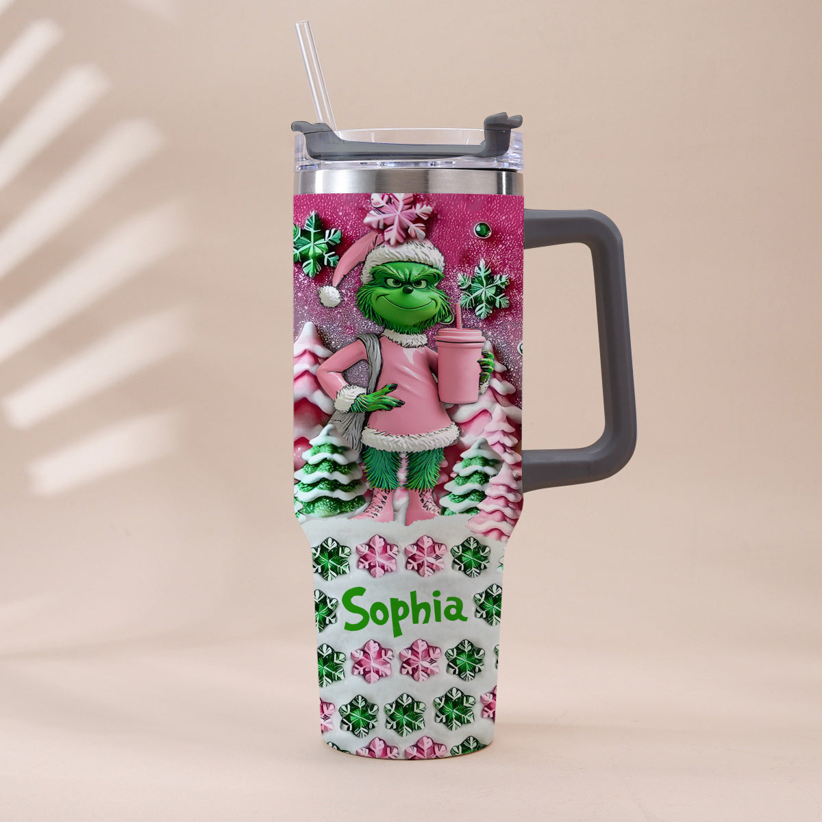 Personalized Grinch Christmas Tumbler with Handle Custom Name Gift Tumbler With Handle GradoCreations