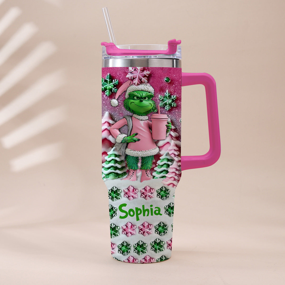 Personalized Grinch Christmas Tumbler with Handle Custom Name Gift Tumbler With Handle GradoCreations