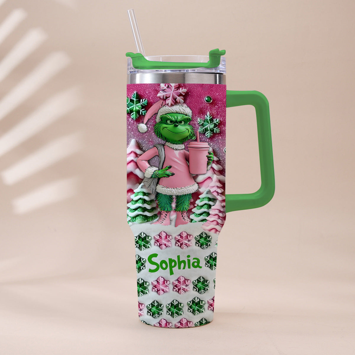 Personalized Grinch Christmas Tumbler with Handle Custom Name Gift Tumbler With Handle GradoCreations