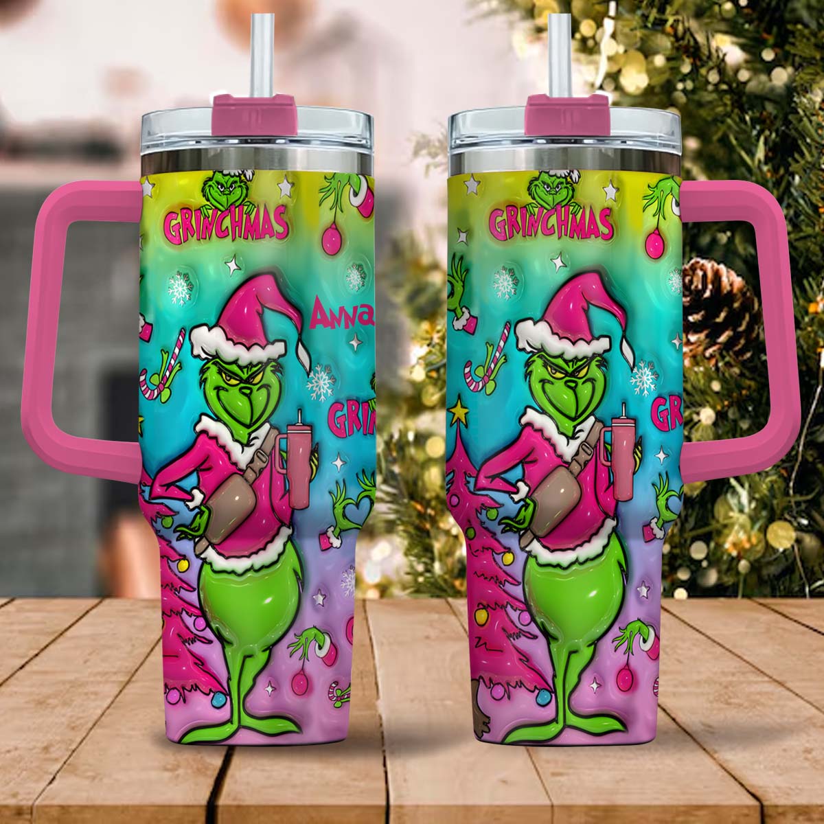 Personalized Grinch Christmas Tumbler With Handle Gift for Mom Tumbler With Handle GradoCreations