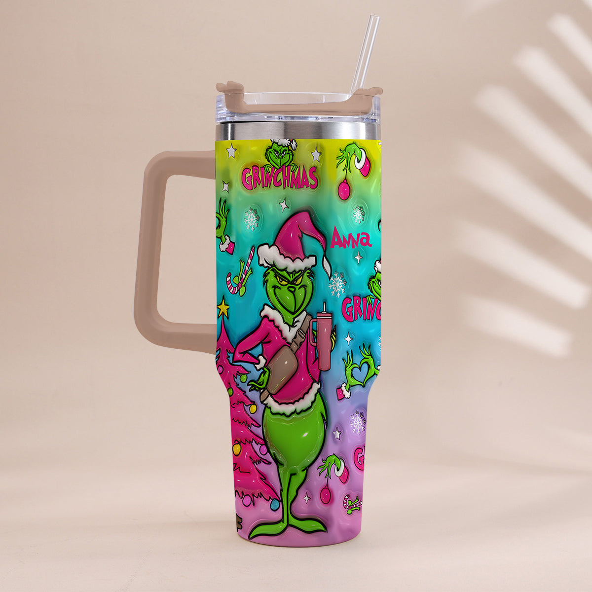 Personalized Grinch Christmas Tumbler With Handle Gift for Mom Tumbler With Handle GradoCreations