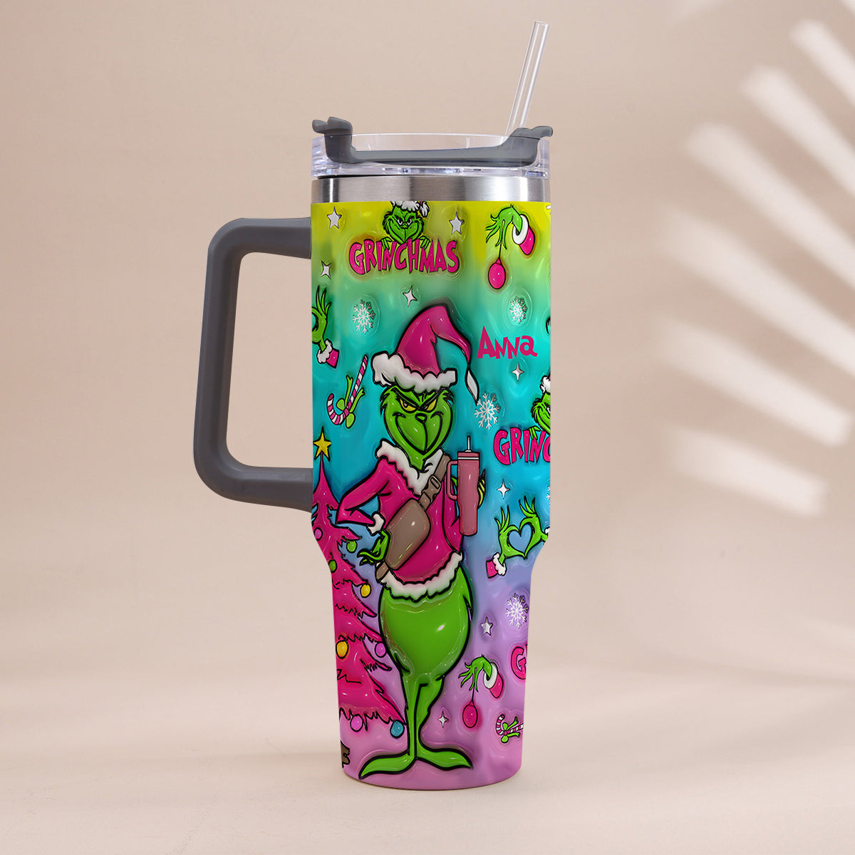 Personalized Grinch Christmas Tumbler With Handle Gift for Mom Tumbler With Handle GradoCreations