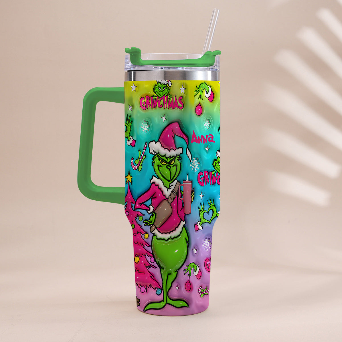 Personalized Grinch Christmas Tumbler With Handle Gift for Mom Tumbler With Handle GradoCreations