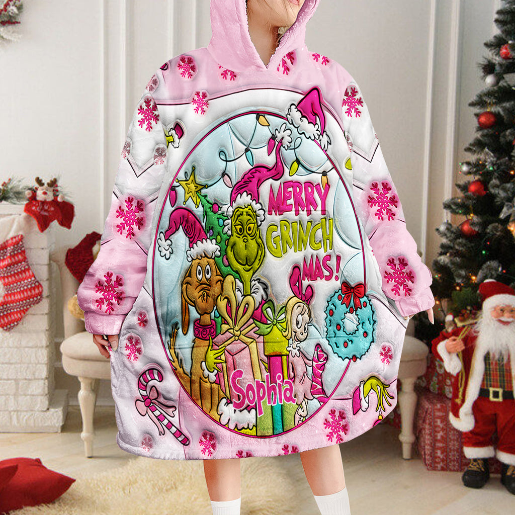 Personalized Merry Grinchmas Blanket Hoodie for Kids - Custom Name Christmas Gift Blanket Hoodie GradoCreations
