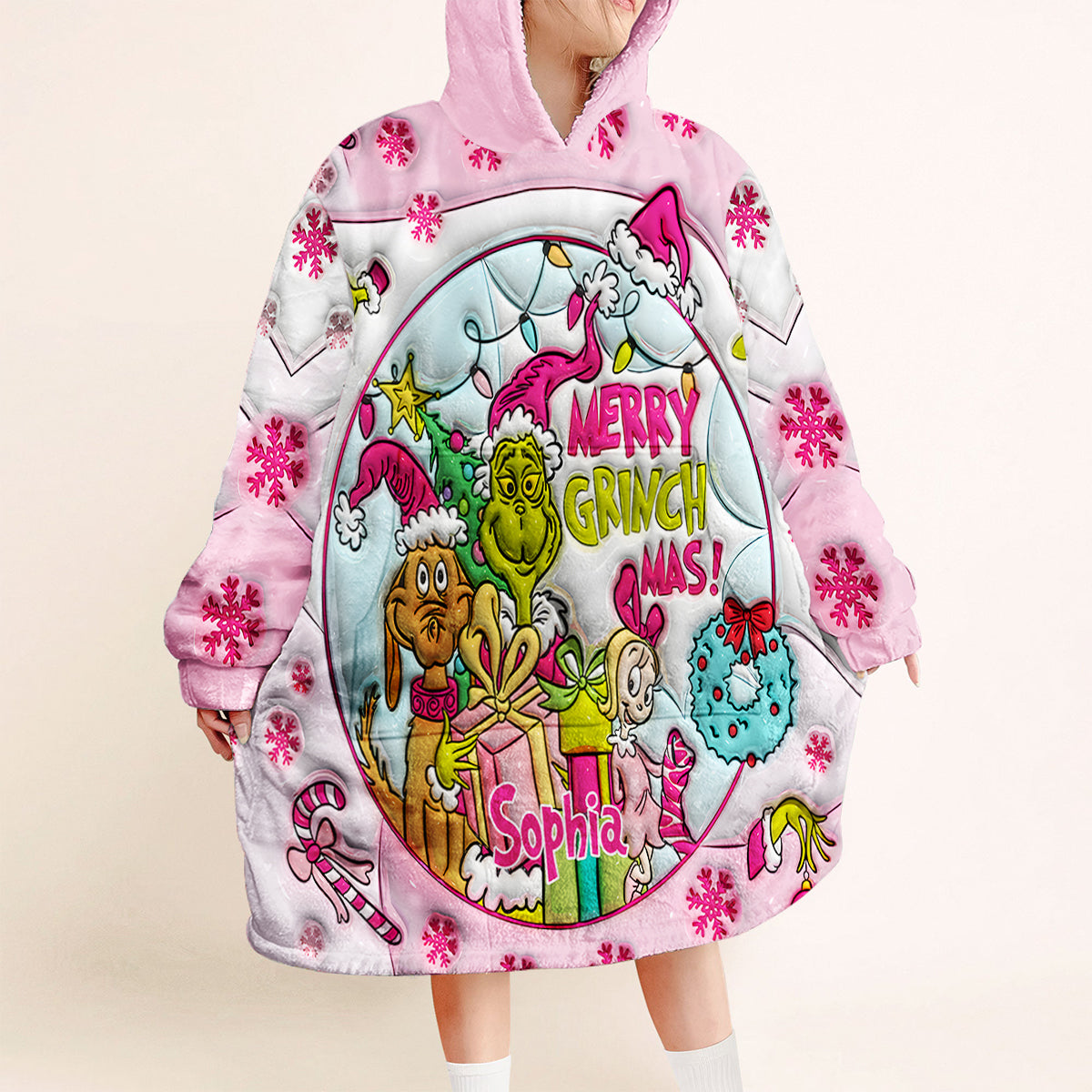 Personalized Merry Grinchmas Blanket Hoodie for Kids - Custom Name Christmas Gift Blanket Hoodie GradoCreations