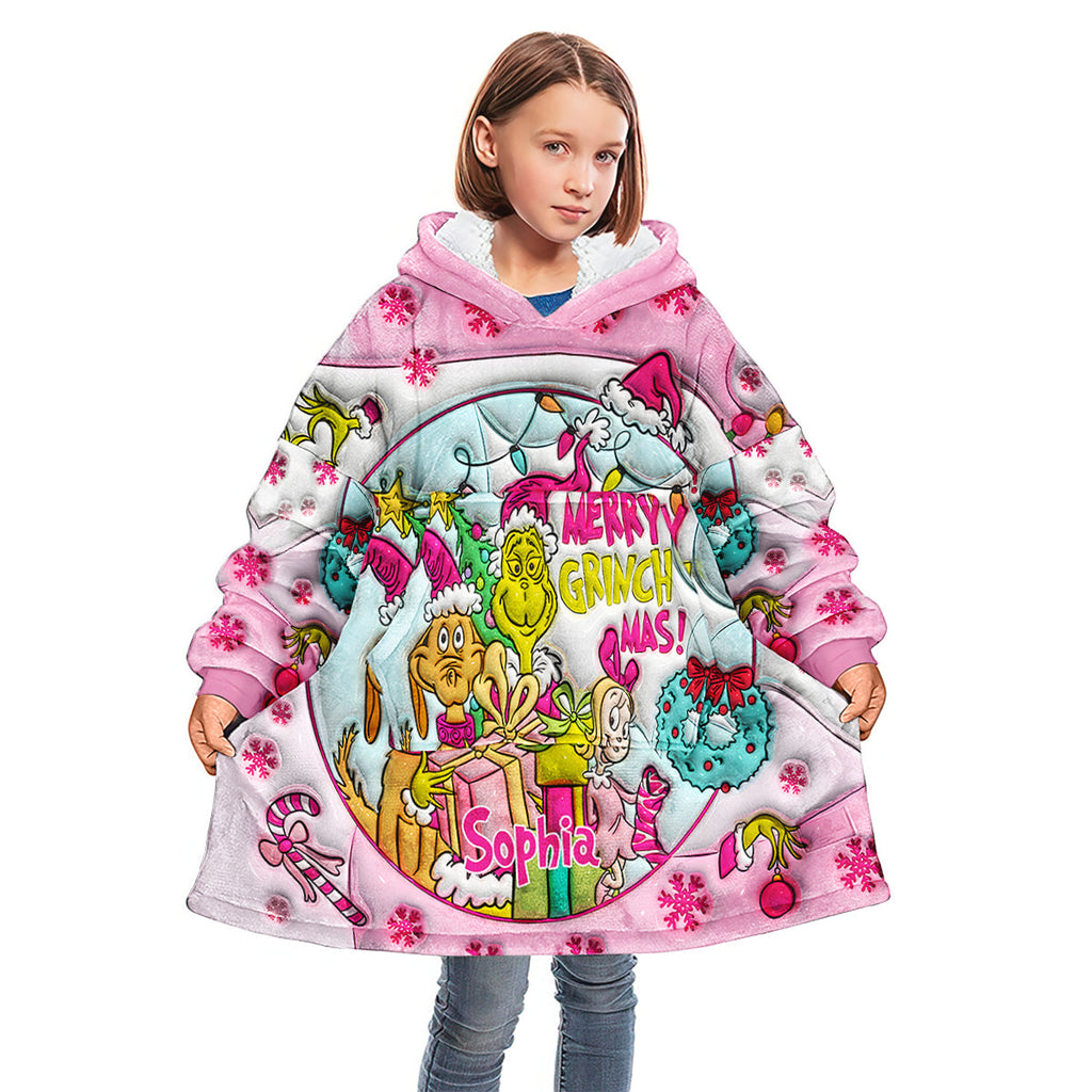 Personalized Merry Grinchmas Blanket Hoodie for Kids - Custom Name Christmas Gift Blanket Hoodie GradoCreations