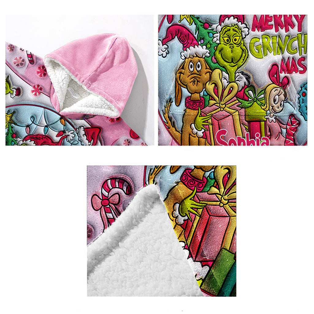 Personalized Merry Grinchmas Blanket Hoodie for Kids - Custom Name Christmas Gift Blanket Hoodie GradoCreations