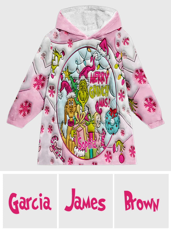 Personalized Merry Grinchmas Blanket Hoodie for Kids - Custom Name Christmas Gift Blanket Hoodie GradoCreations