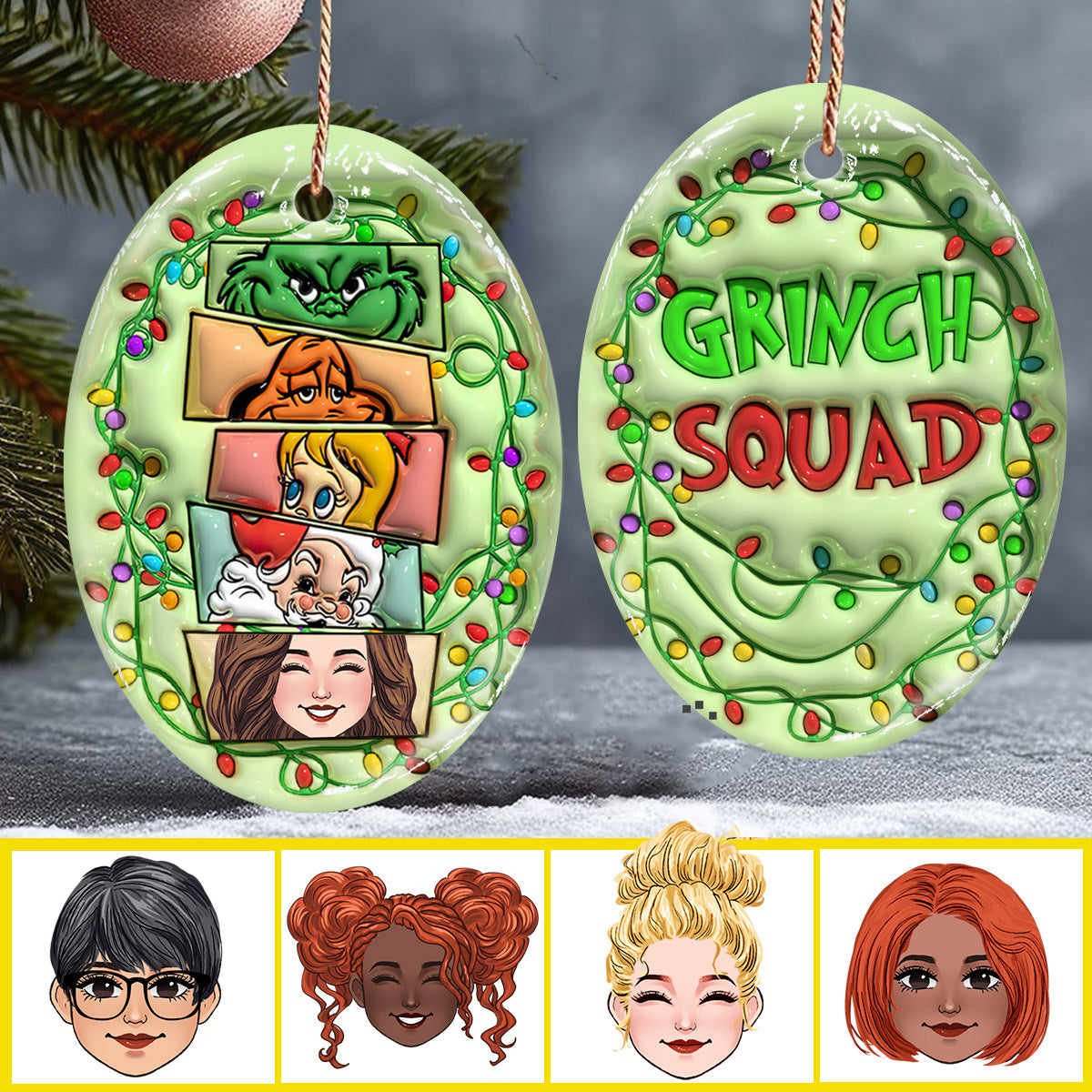Personalized Grinch Squad Ceramic Ornament Holiday Gift Ceramic Oval Ornament GradoCreations