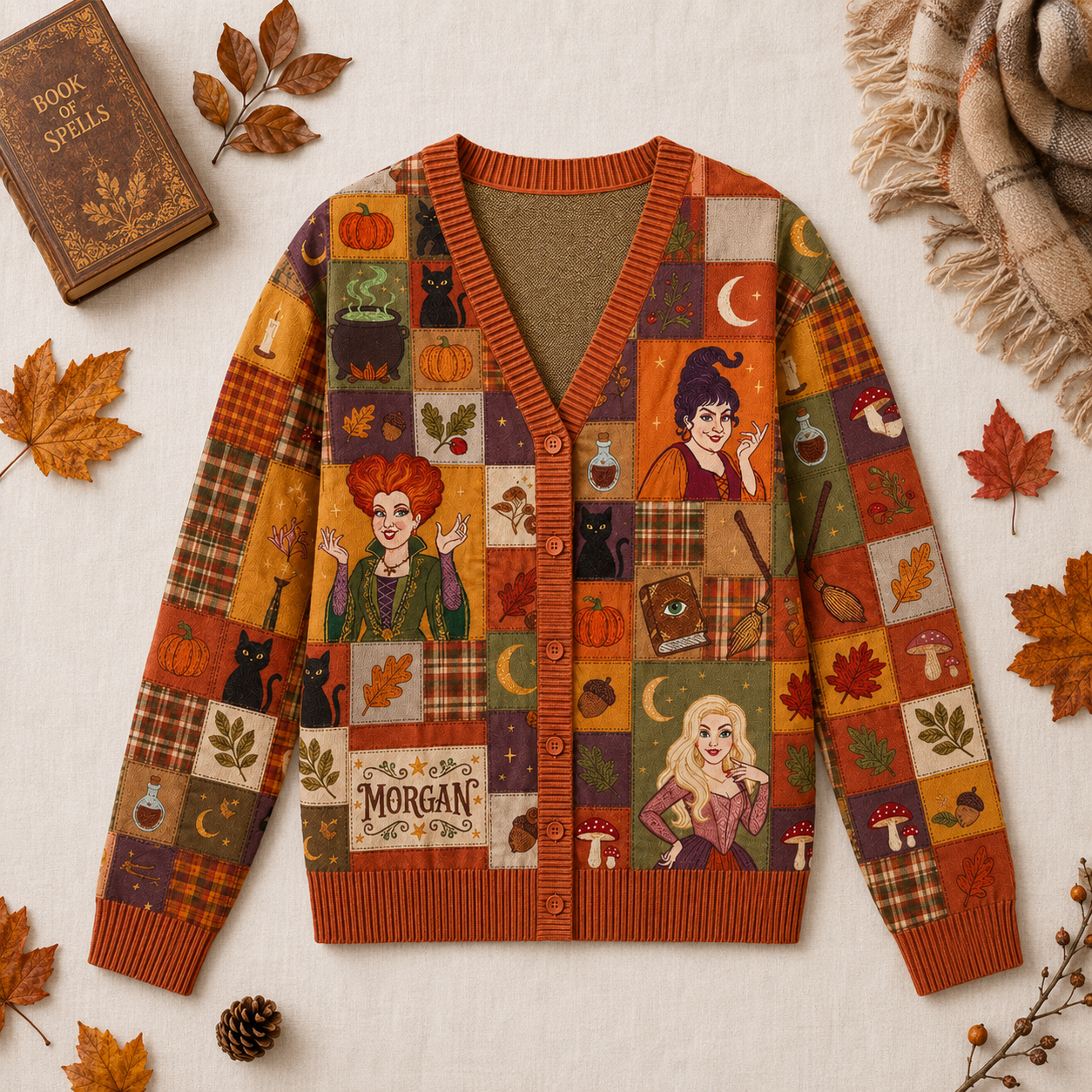 Personalized Witch Sisters Patchwork Cardigan for Halloween Cardigan GradoCreations