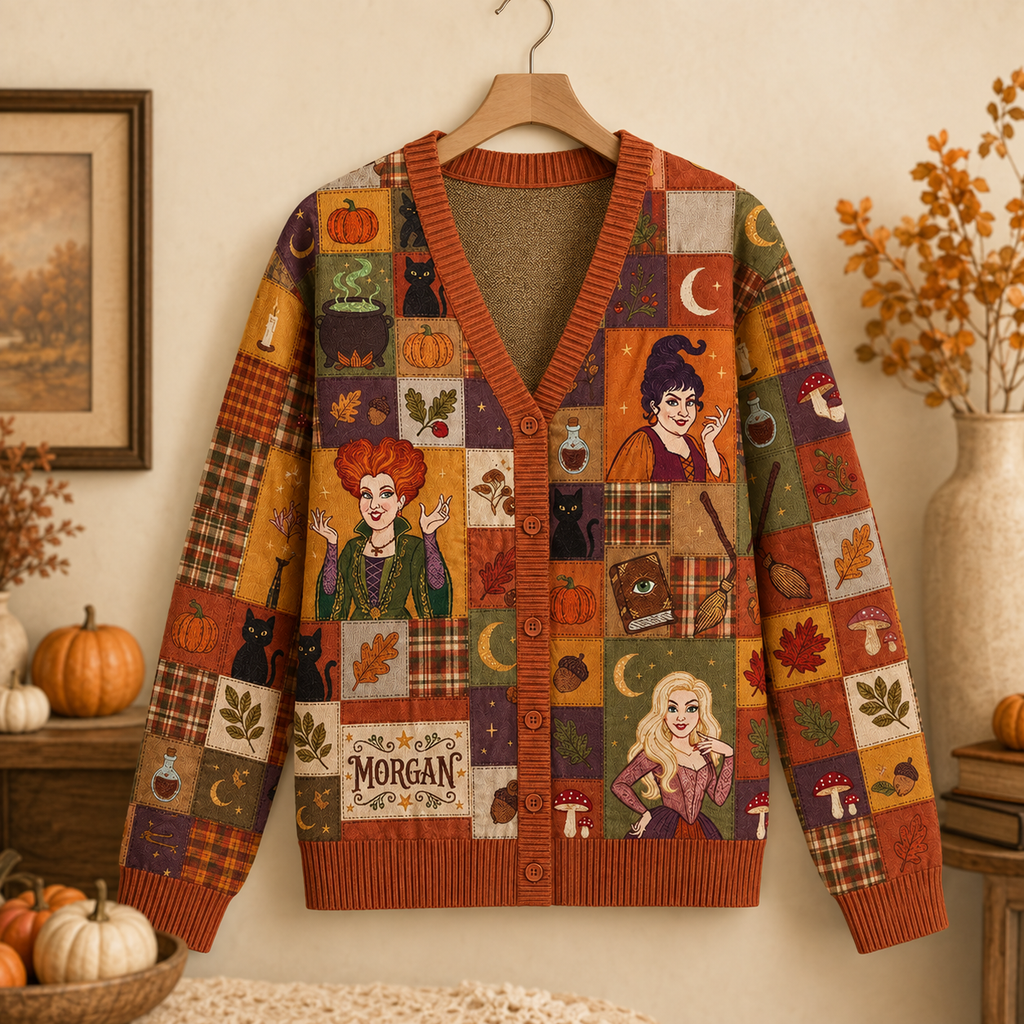 Personalized Witch Sisters Patchwork Cardigan for Halloween Cardigan GradoCreations