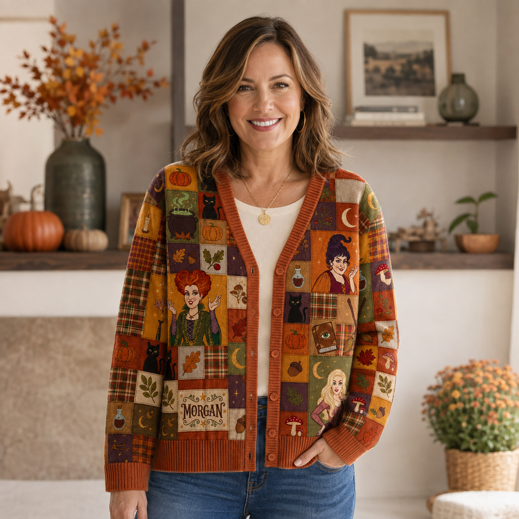 Personalized Witch Sisters Patchwork Cardigan for Halloween Cardigan GradoCreations