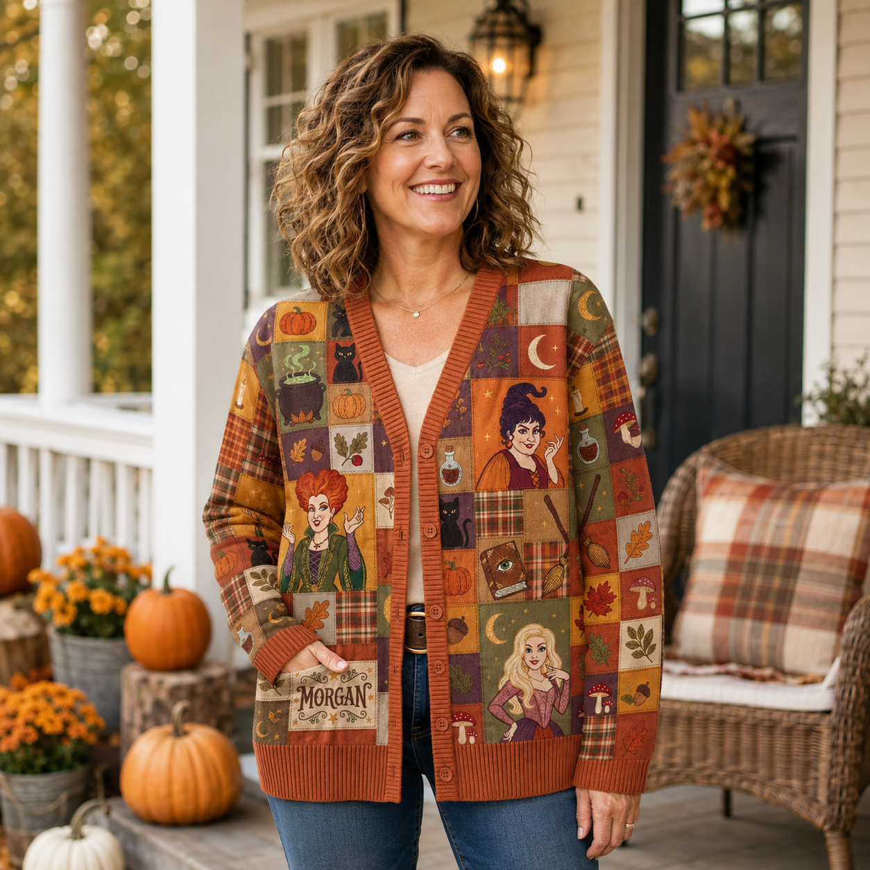 Personalized Witch Sisters Patchwork Cardigan for Halloween Cardigan GradoCreations