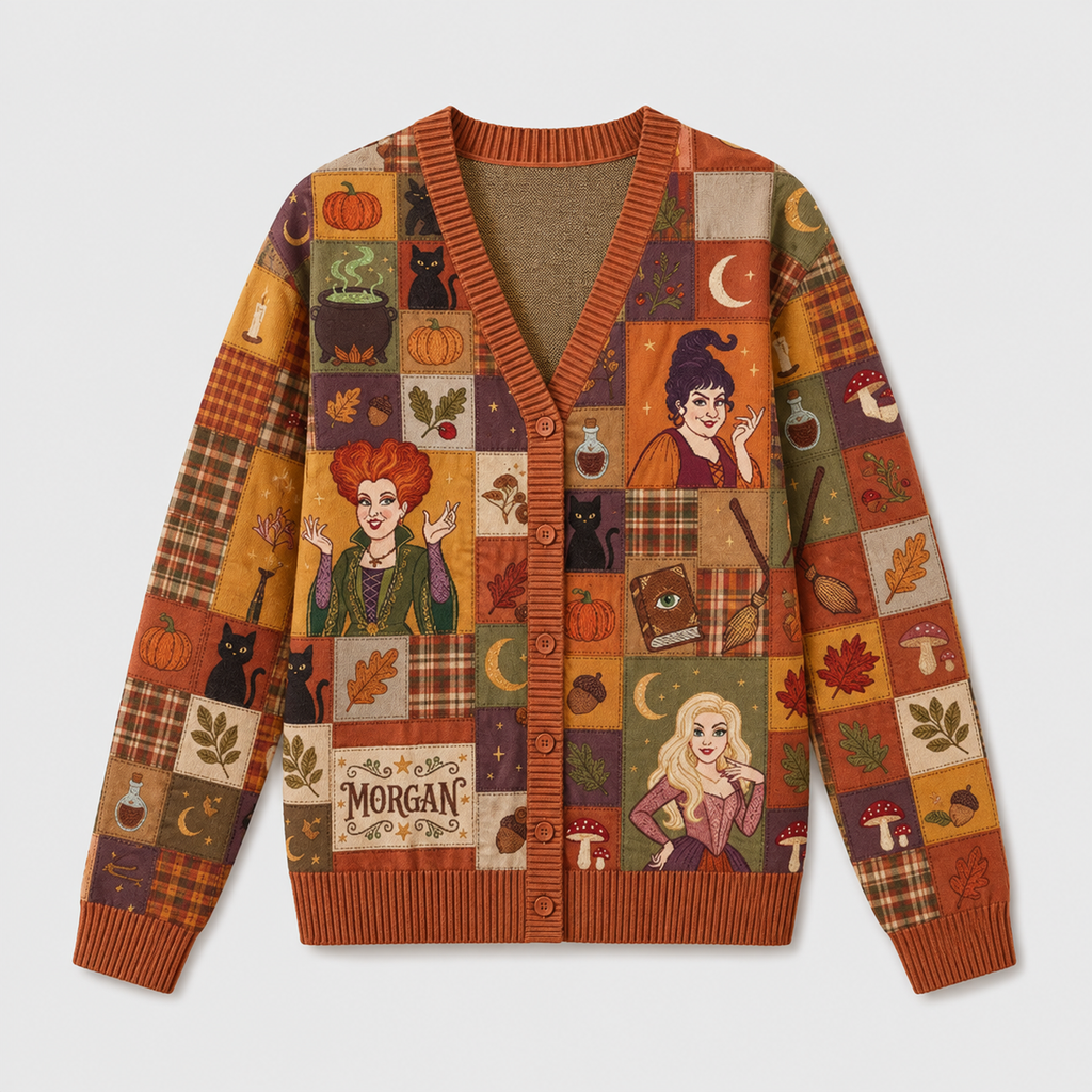 Personalized Witch Sisters Patchwork Cardigan for Halloween Cardigan GradoCreations