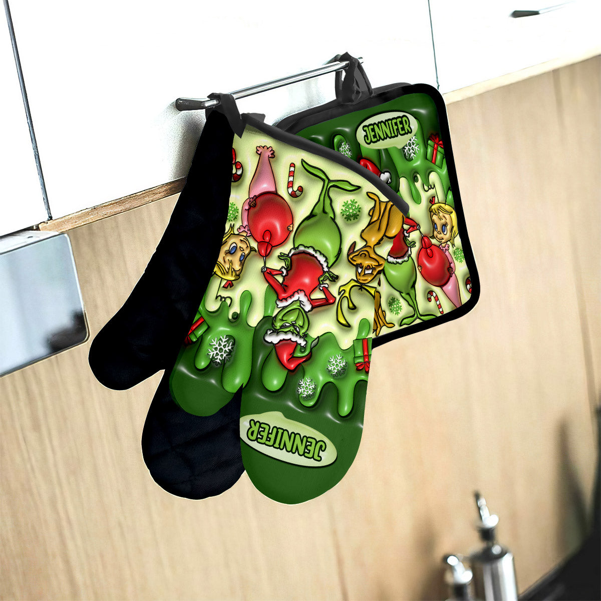 Personalized Grinch Christmas Oven Mitts & Pot Holder Set Gift for Family Oven Mitts & Pot Holder Set GradoCreations