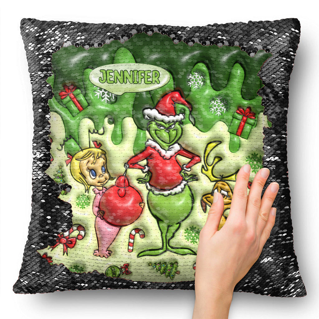 Personalized Sequin Pillow Cover with Grinch Design for Christmas Gift Sequin Pillow Cover GradoCreations