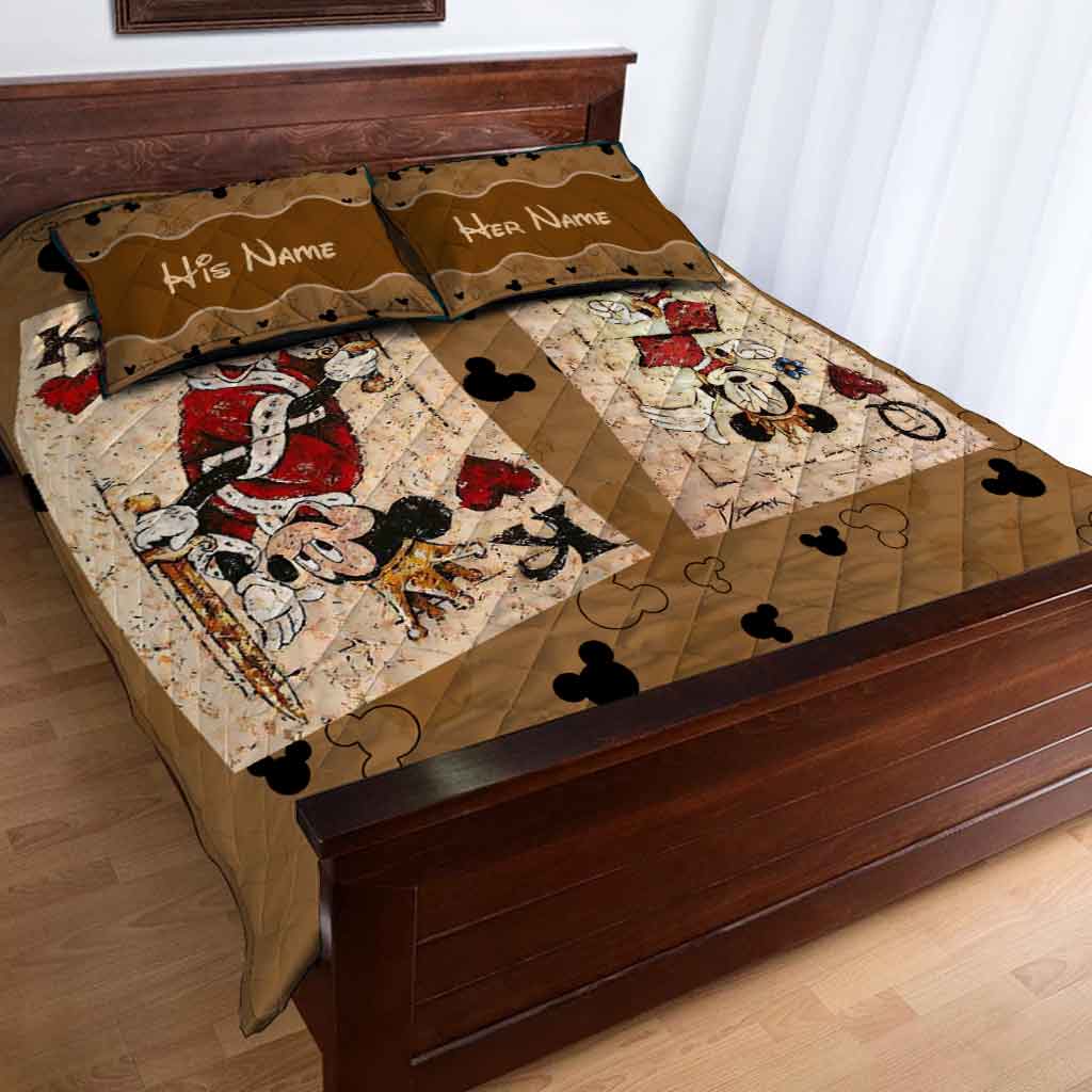 Personalized Couple Mouse Quilt Set with Leather Print for Anniversary or Valentine's Day Quilt Set GradoCreations
