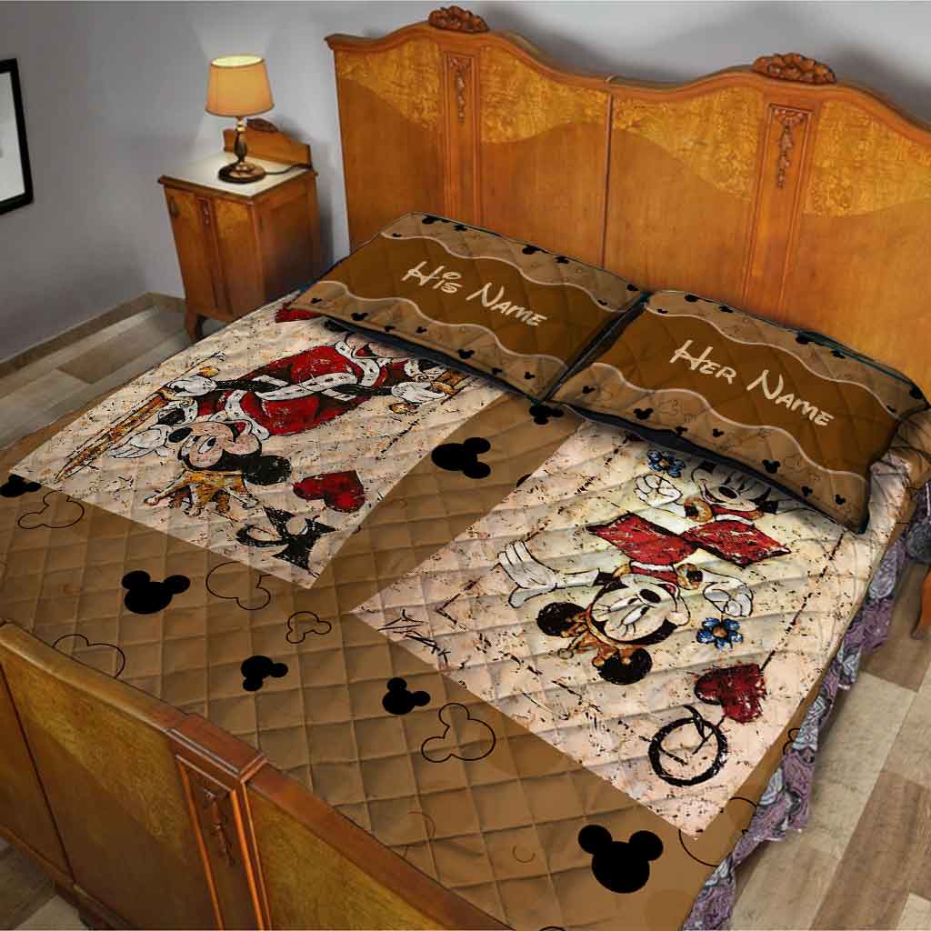 Personalized Couple Mouse Quilt Set with Leather Print for Anniversary or Valentine's Day Quilt Set GradoCreations