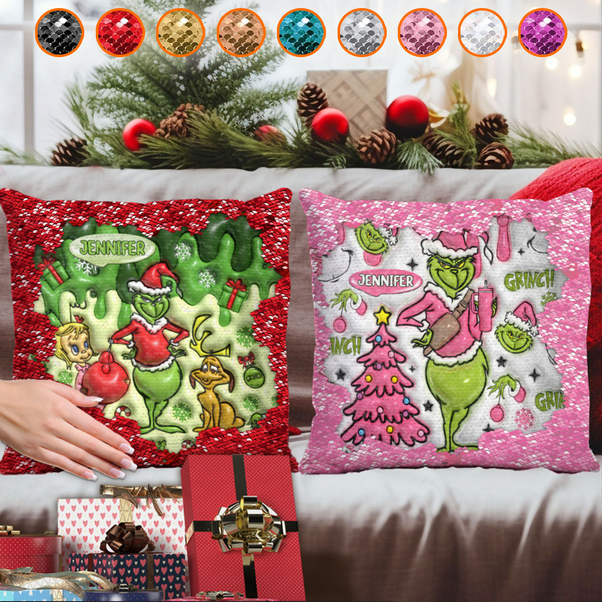 Personalized Sequin Pillow Cover with Grinch Design for Christmas Gift Sequin Pillow Cover GradoCreations