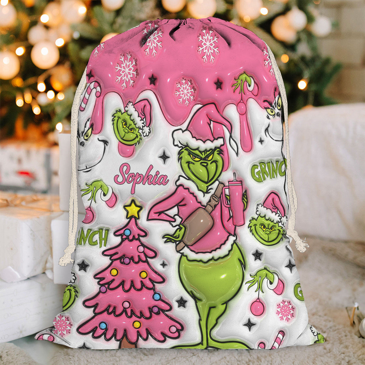 Personalized Grinch Drawstring Tote Bag Custom Name Christmas Gift Drawstring Tote Bag GradoCreations
