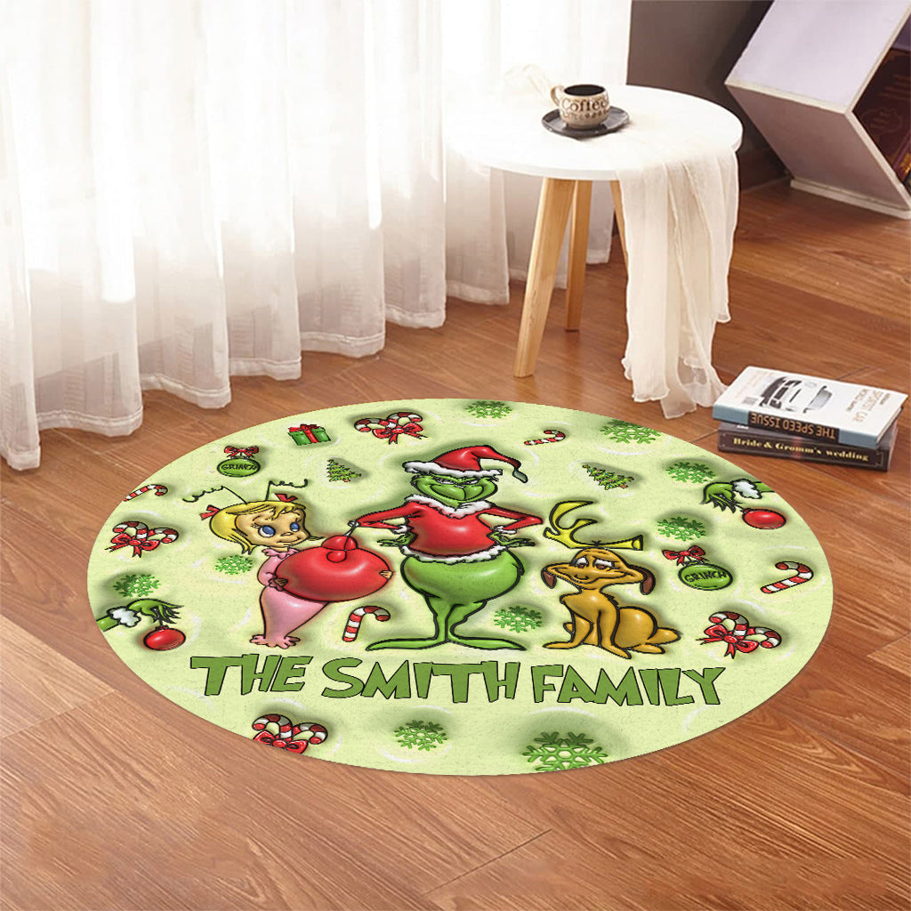 Personalized Grinch Christmas Round Rug Custom Family Name Round Rug GradoCreations