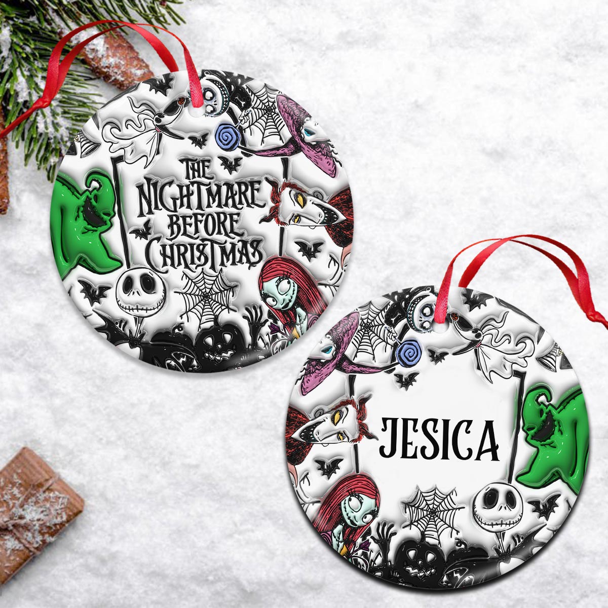 Personalized Nightmare Before Christmas Ceramic Ornament for Holiday Decor Ceramic Circle Ornament GradoCreations