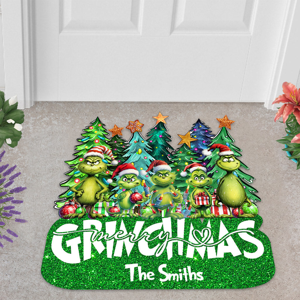 Personalized Merry Grinchmas Shaped Doormat Custom Family Name Holiday Decor Shaped Doormat GradoCreations