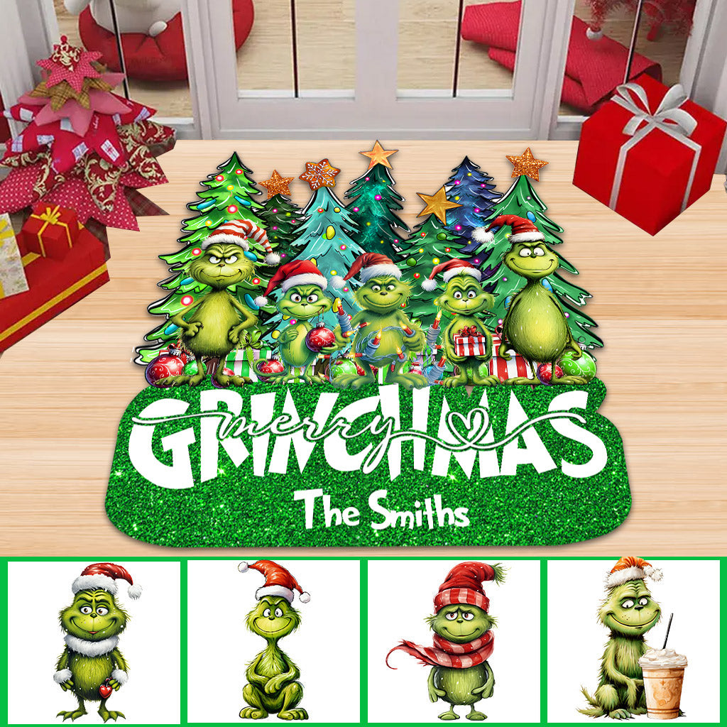 Personalized Merry Grinchmas Shaped Doormat Custom Family Name Holiday Decor Shaped Doormat GradoCreations