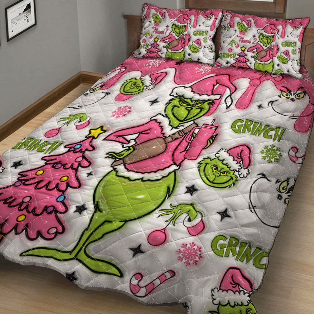 Personalized Grinch Christmas Quilt Set with Pillow Covers Quilt Set GradoCreations