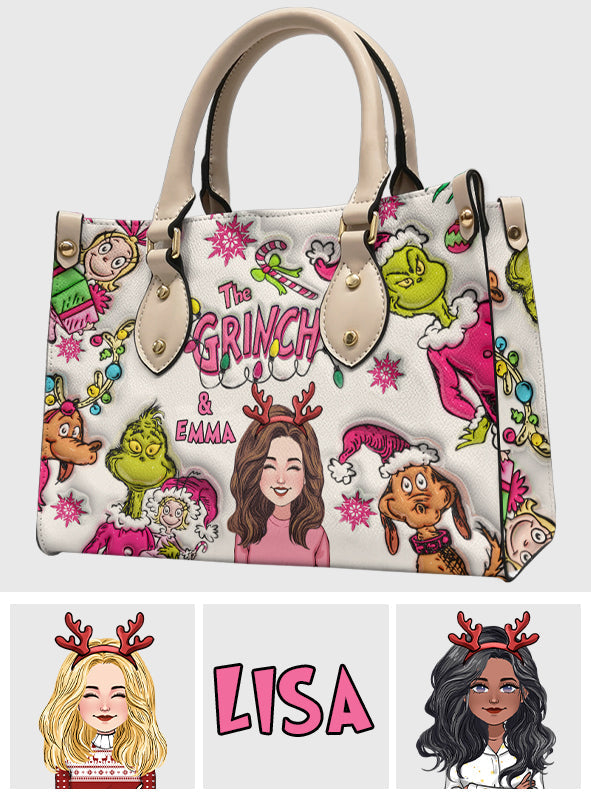 Personalized Grinch Leather Handbag Custom Name Christmas Gift Leather Handbag GradoCreations